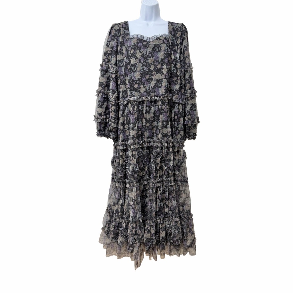 Ivy City Womens Catherine Floral Tulle Tiered Maxi Dress Size 1X Black Modest